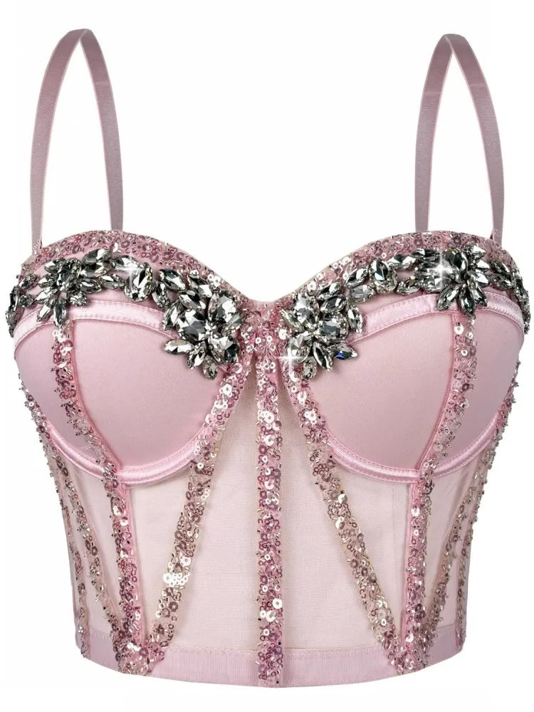 Rhinestones Female Corset Top Women Camis Nightclub Pearls Short Chest Binder Sexy Camisole Mujer Lingerie Tube Bra Debardeur