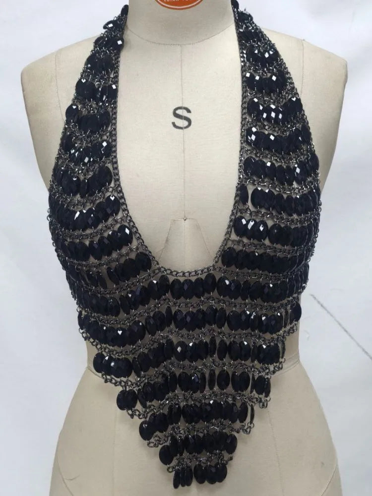 Chain Patchwork Beach Camisole Women V-Neck Sexy Backless Summer Trend Street Midnight Versatile Hottie Classic Tops