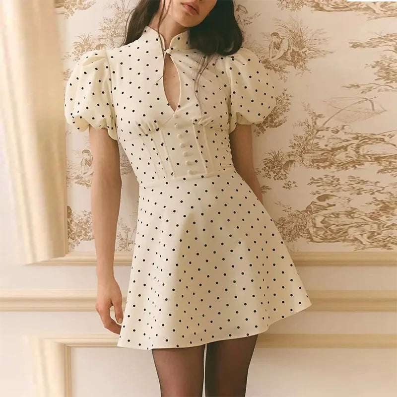 Elegant Women Beige Polka Dot Print Mini Dress Fashion Short Sleeve Dresses Evening Ladies Street Party Vestidos 2026 Summer