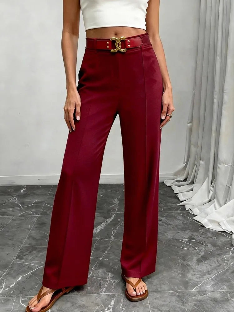 Women High Waist Wide Leg Pants Shiny Fuchsia Straight Pants Long Palazzo Casual Trendy Trousers 2026 Spring Autumn New