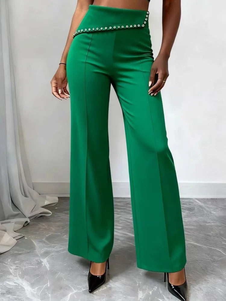 Women High Waist Wide Leg Pants Shiny Fuchsia Straight Pants Long Palazzo Casual Trendy Trousers 2026 Spring Autumn New