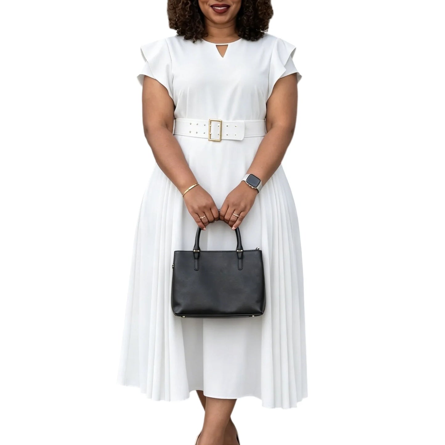 L-3XL Plus Size Elegant Midi Dress 2026 Summer Autumn Women Office Lady Dress Casual Short Sleeve Bandage Robe Oversize Dress