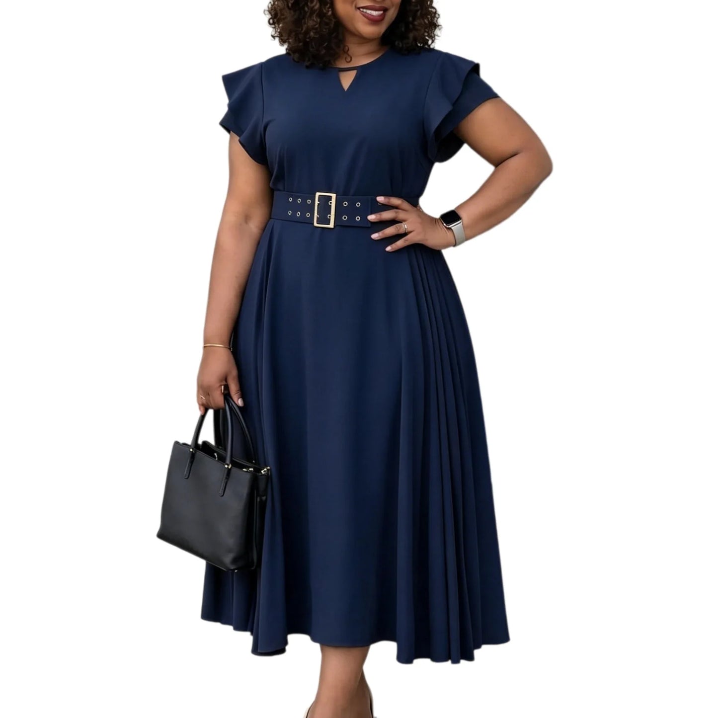 L-3XL Plus Size Elegant Midi Dress 2026 Summer Autumn Women Office Lady Dress Casual Short Sleeve Bandage Robe Oversize Dress