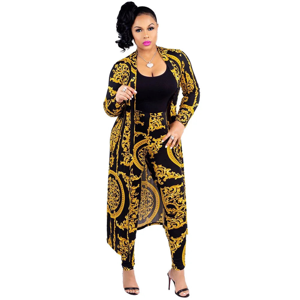 Women Tracksuit Fashion Sexy Long Sleeve X-long National Print Trench Coat Skinny Leggings 2 Piece Sets Suits Outfits