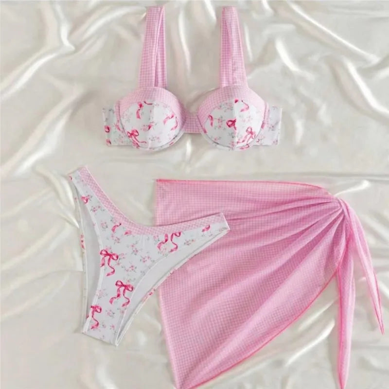 Bikini Bodysuit Swimwear Women With Skirt Bathing Suit Summer New Ruffle Splice Print Beachwear Holiday Bikini Cover Ups Outfits