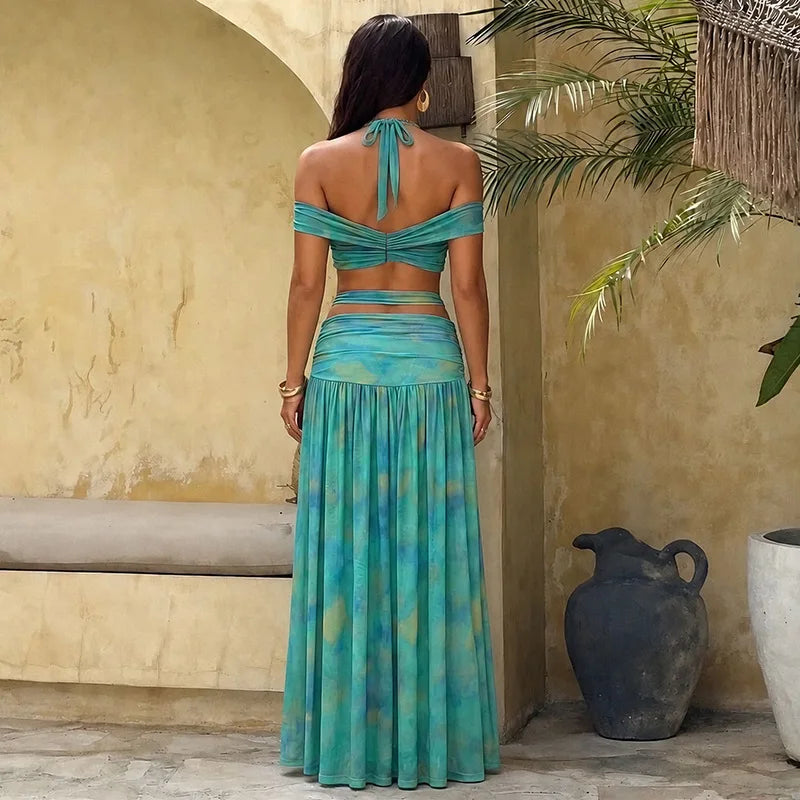 Swimwear Cover-up 2 Piece Set Women Crop Tops And Maxi Skirt Bathing Fashion Stripe Hollow Sexy Beach Cover Up Outfits