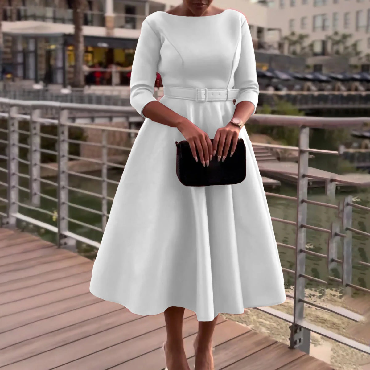 Women Spring Dress Ladies Casual Plus Size Slim Office Dress Retro Elegant O-Neck High Waist White 3/4 Sleeve Party Dress