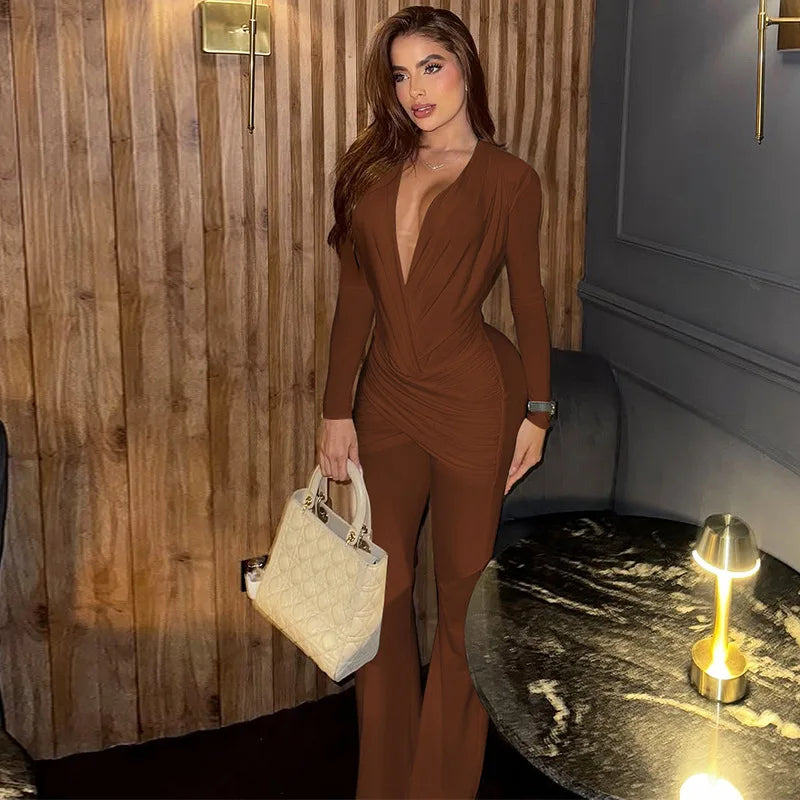 Solid Women Jumpsuits For Autumn Winter Long Sleeve V-Neck Loose Fashion Streetwear Overalls Wide Leg Pants Trousers 2025
