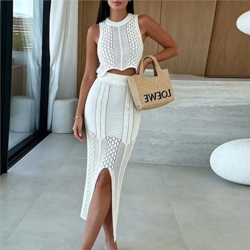 Swimwear Skirt Cover-up 2 Piece Set Women Crop Tops And Midi Skirt Bathing Suit Fashion Solid Hollow Sexy Beach Cover Up Outfits