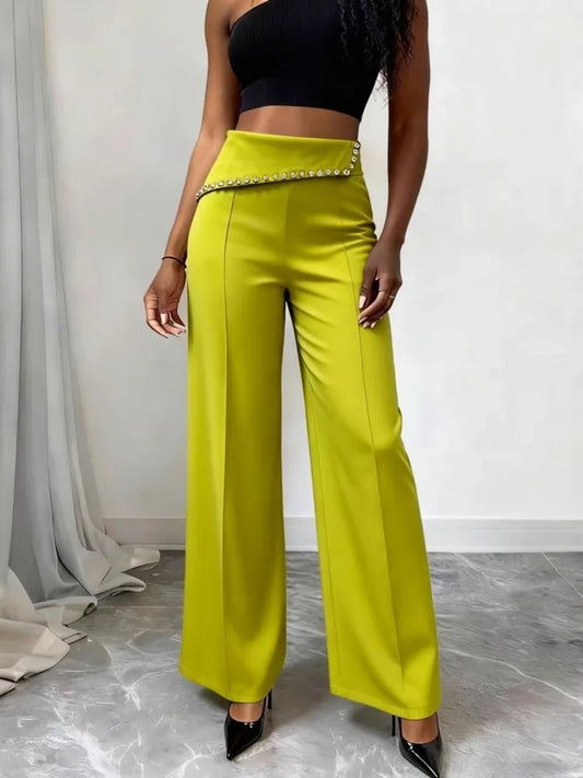 Women High Waist Wide Leg Pants Shiny Fuchsia Straight Pants Long Palazzo Casual Trendy Trousers 2026 Spring Autumn New