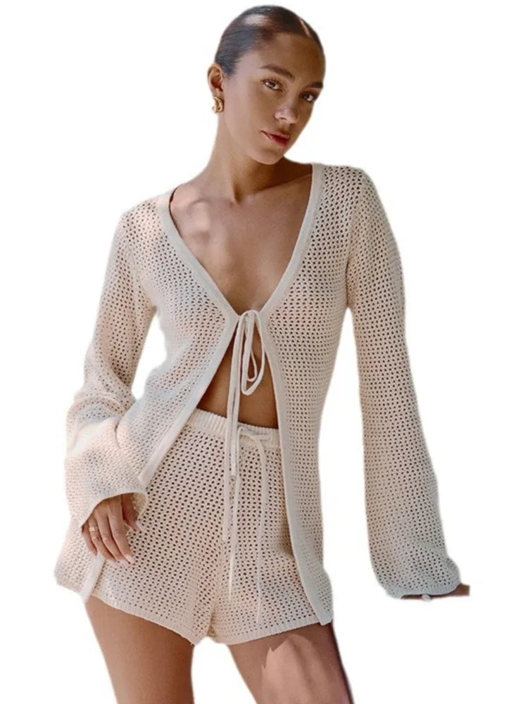 2026 Women Beach 2 Piece Sets Bikini Cover-Ups Swimsuit Tops And High Waist Shorts Sexy Ladies Swimming Cover Up Bathing Suit