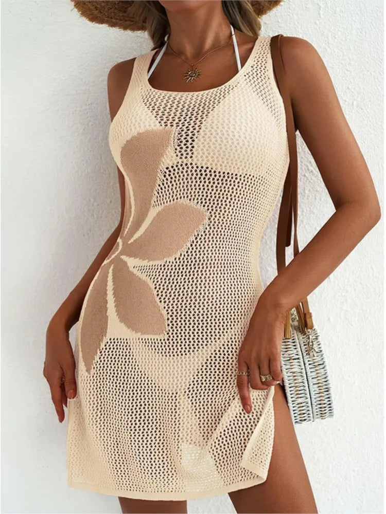 Sexy Women Knit Beach Dress Hollow-Out O-Neck Sleeveless Bikini Cover-Ups Dress Holiday Dress 2026 Summer Swimwear Beach