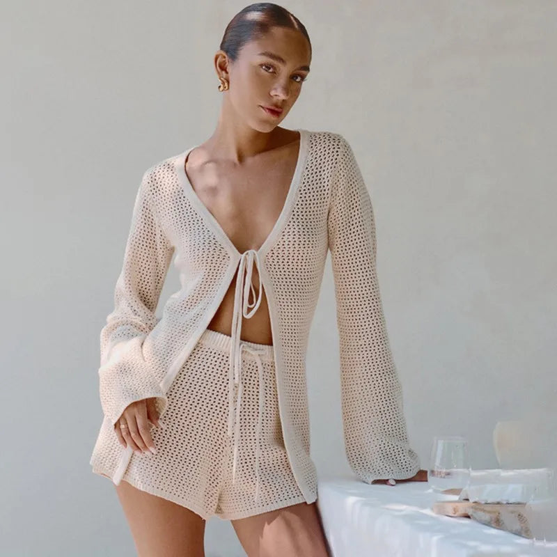 2026 Women Beach 2 Piece Sets Bikini Cover-Ups Swimsuit Tops And High Waist Shorts Sexy Ladies Swimming Cover Up Bathing Suit