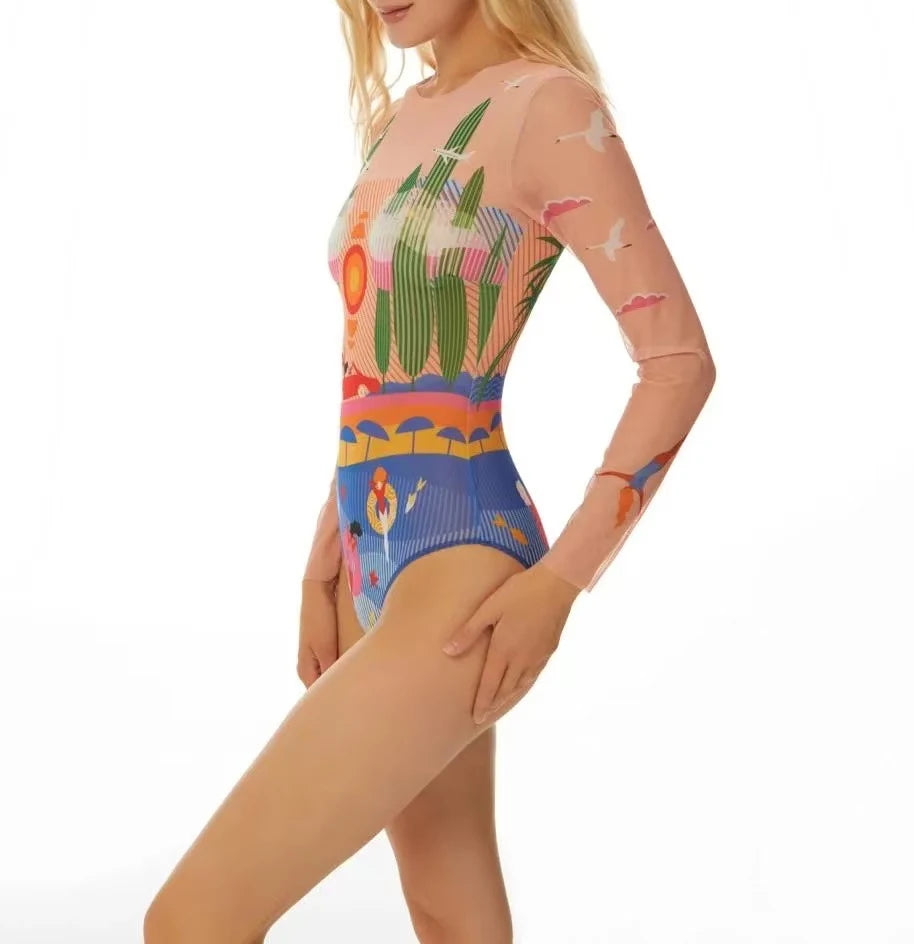 Mesh High Waist Sexy Swimsuit Women Summer Bathing Suit Bikini Set Long Sleeve Swimwear Beach Swimming Suit For Female Купальник