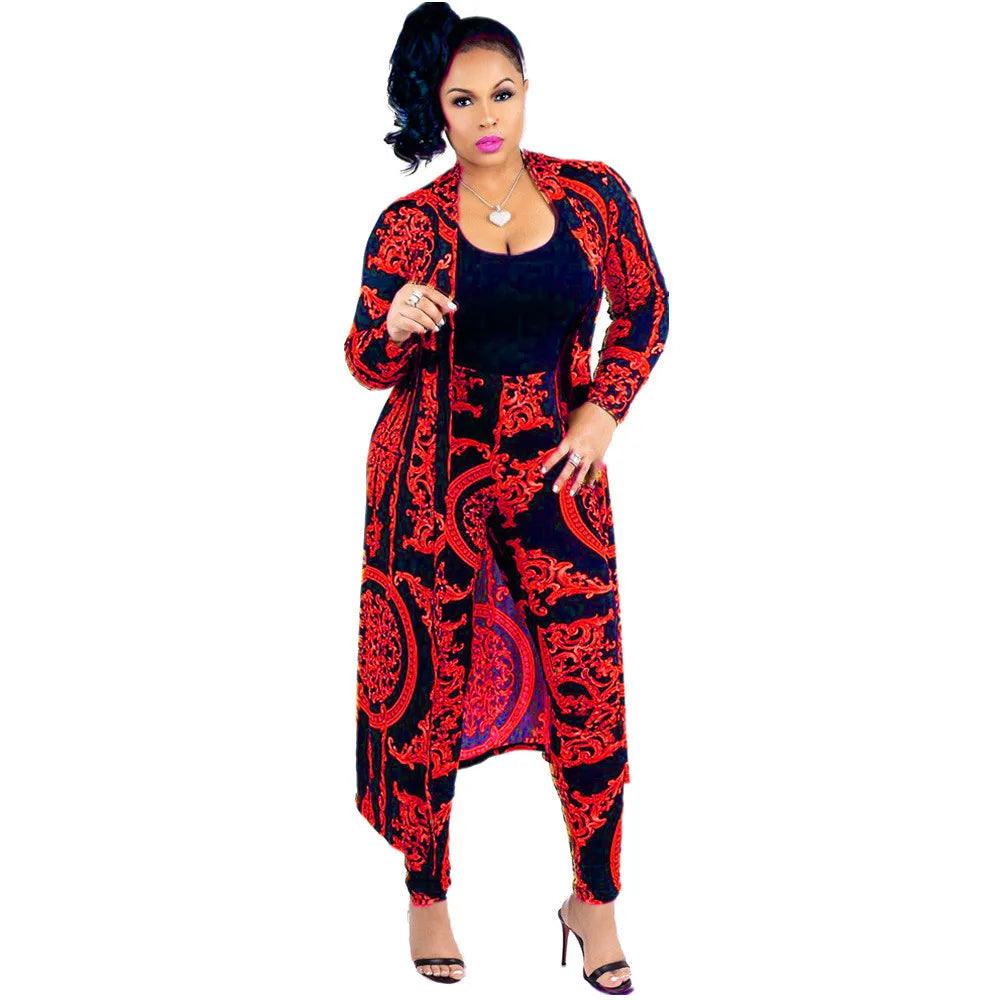 Women Tracksuit Fashion Sexy Long Sleeve X-long National Print Trench Coat Skinny Leggings 2 Piece Sets Suits Outfits