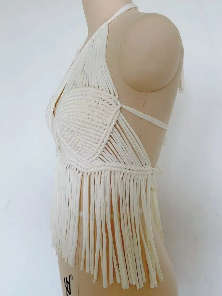 Women's Boho Fringe Backless Halter Tie Neck Underwear Outerwear with Neck Hanging Embroidery Tassel Suspender Vest Short Tank