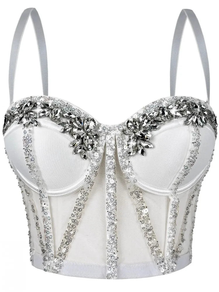 Rhinestones Female Corset Top Women Camis Nightclub Pearls Short Chest Binder Sexy Camisole Mujer Lingerie Tube Bra Debardeur