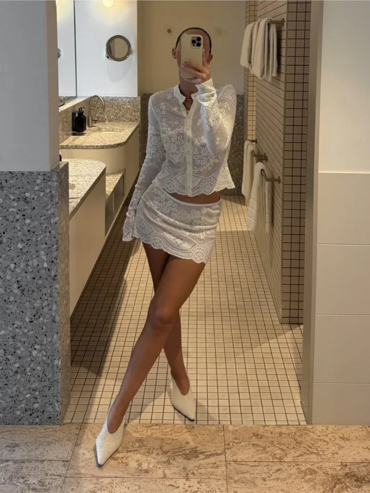 Solid Color Long Sleeve Crochet Knit 2 Pieces Suits Beach Cover Up Cover-ups Beach Shorts Beach Wear Beachwear Female Women