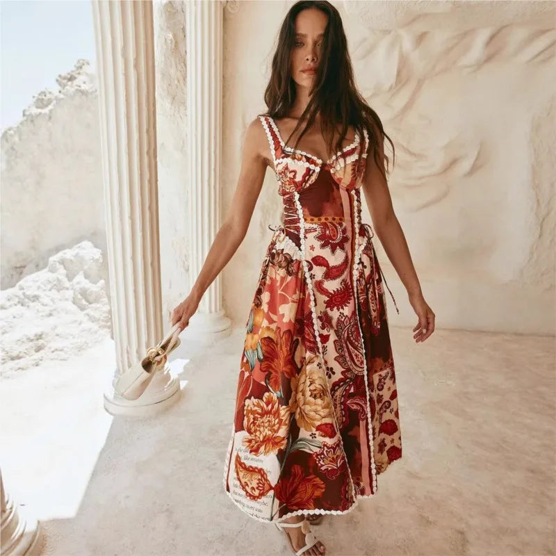 Women Spaghetti Strap Bohemian Beach Style Maxi Dress 2026 Spring Summer Trend Backless Waistband Hem Vacation Party Dresses