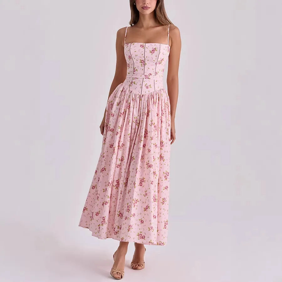Elegant Women Flower Printing Long Maxi Dress Fashion Spaghetti Strap Dresses Evening Ladies Street Party Vestidos 2026 Summer