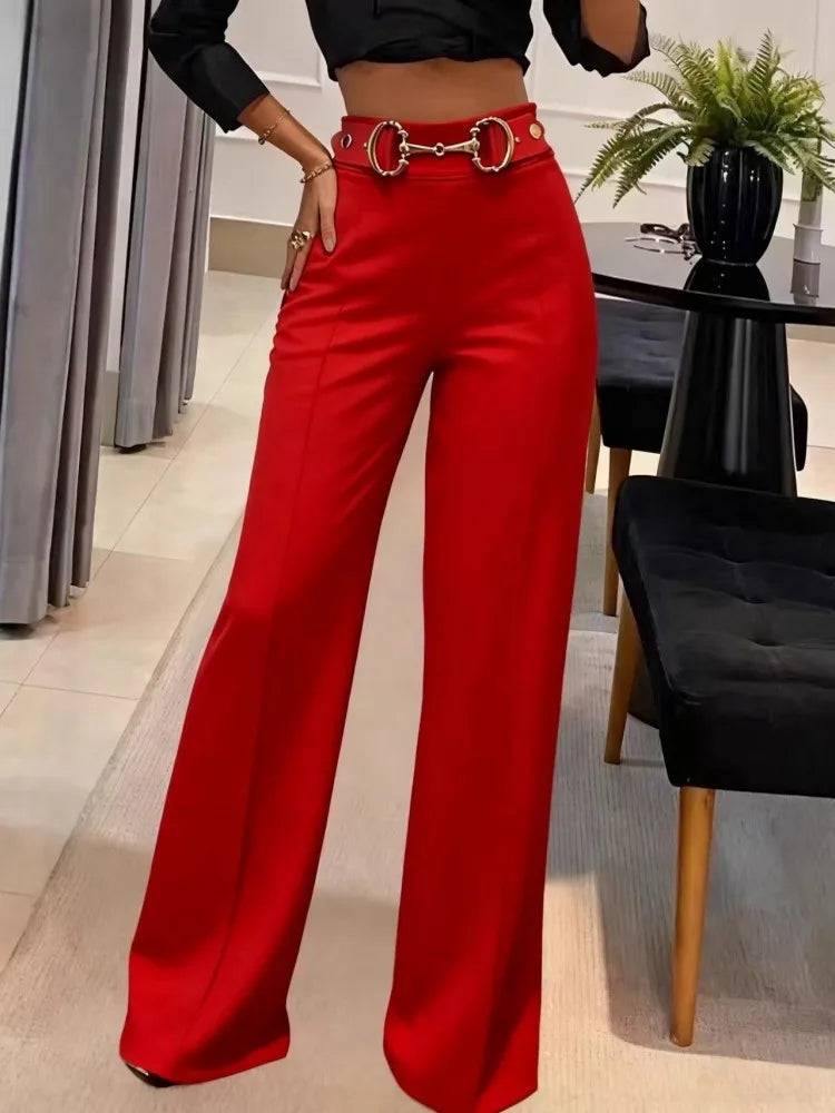 Women High Waist Wide Leg Pants Shiny Fuchsia Straight Pants Long Palazzo Casual Trendy Trousers 2026 Spring Autumn New