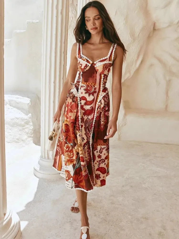 Women Spaghetti Strap Bohemian Beach Style Maxi Dress 2026 Spring Summer Trend Backless Waistband Hem Vacation Party Dresses