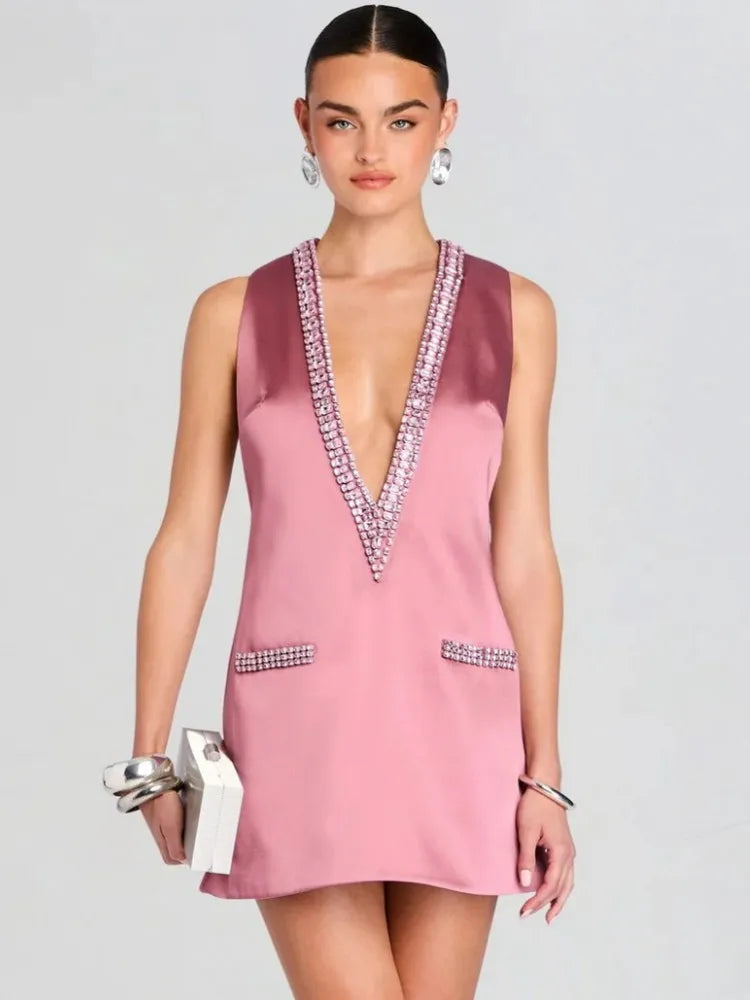 Elegant Women Luxury Formal Rhinestone V-Neck Mini Dress Fashion Sleeveless Evening Ladies Street Party Vestidos Spring Summer