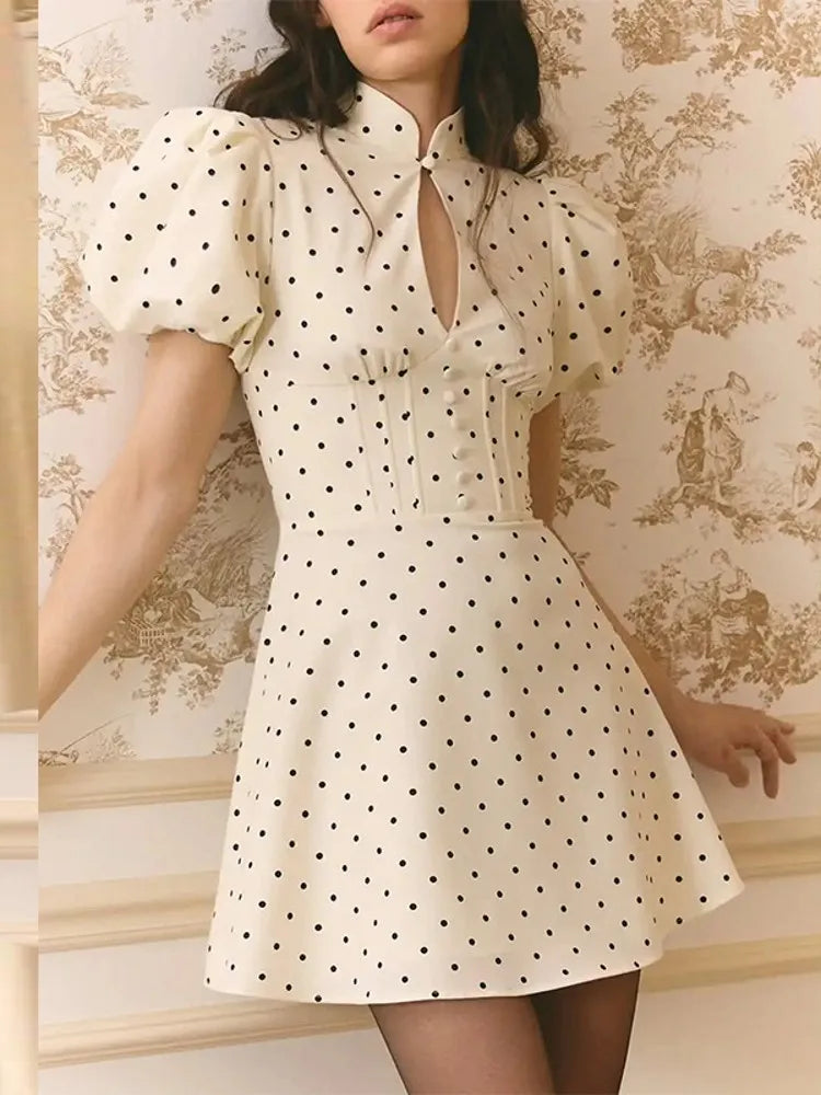 Elegant Women Beige Polka Dot Print Mini Dress Fashion Short Sleeve Dresses Evening Ladies Street Party Vestidos 2026 Summer