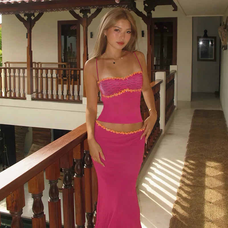 2 Piece Sets Tops And Skirt Elegant Women Sleeveless Sexy Long Maxi Dress Fashion Evening Ladies Street Party Vestidos Summer