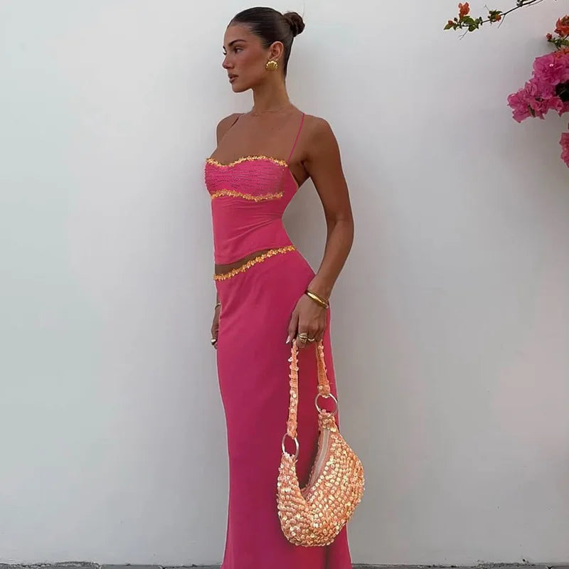 2 Piece Sets Tops And Skirt Elegant Women Sleeveless Sexy Long Maxi Dress Fashion Evening Ladies Street Party Vestidos Summer