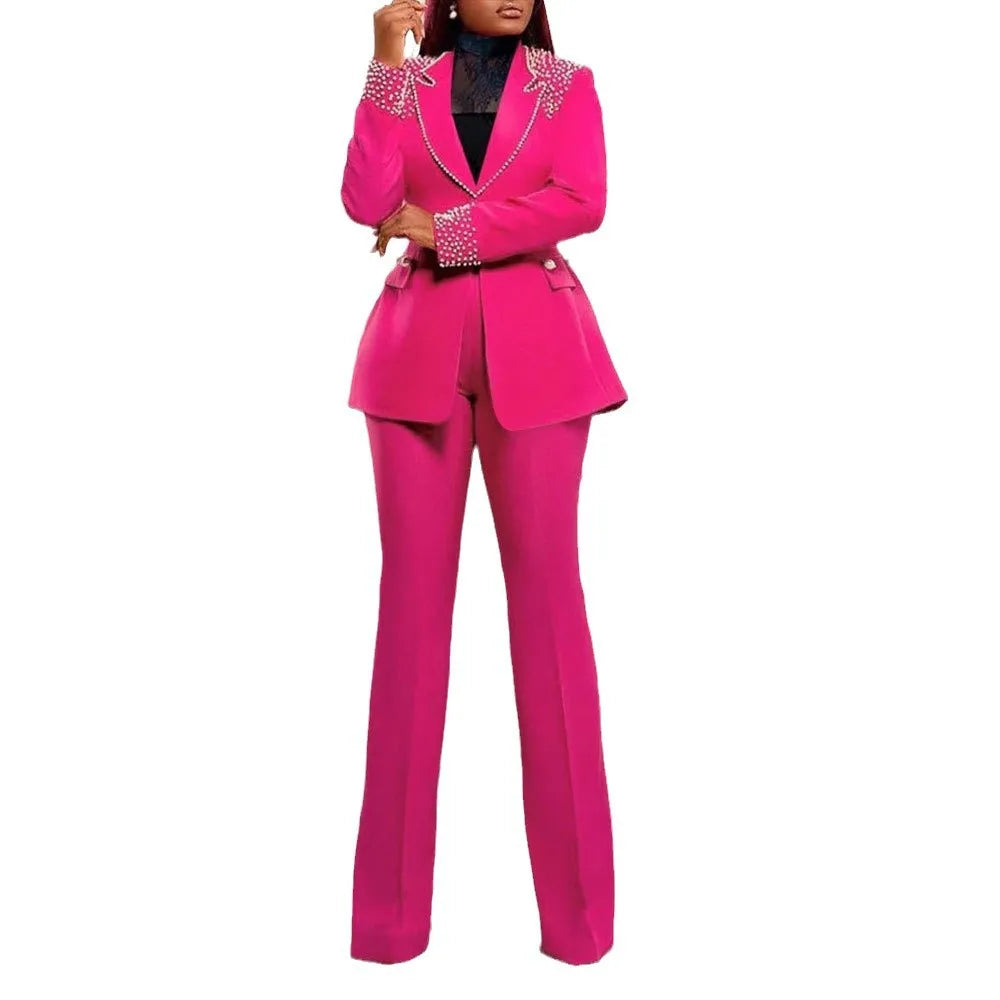 2 Pieces Women's Sets Autumn Winter Long Sleeve Pearl Blazers Suit Tops And Pants Suits Two Piece Set Tracksuit Outfit 2025