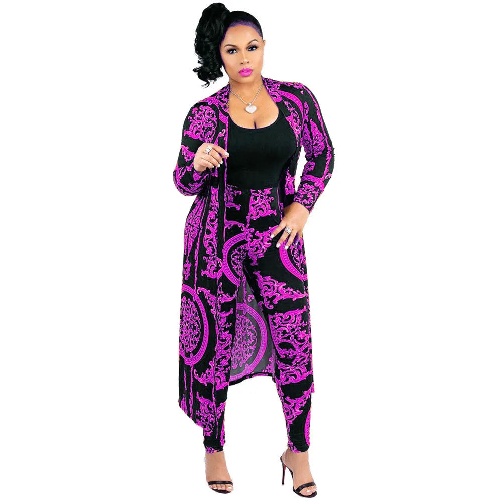 Women Tracksuit Fashion Sexy Long Sleeve X-long National Print Trench Coat Skinny Leggings 2 Piece Sets Suits Outfits