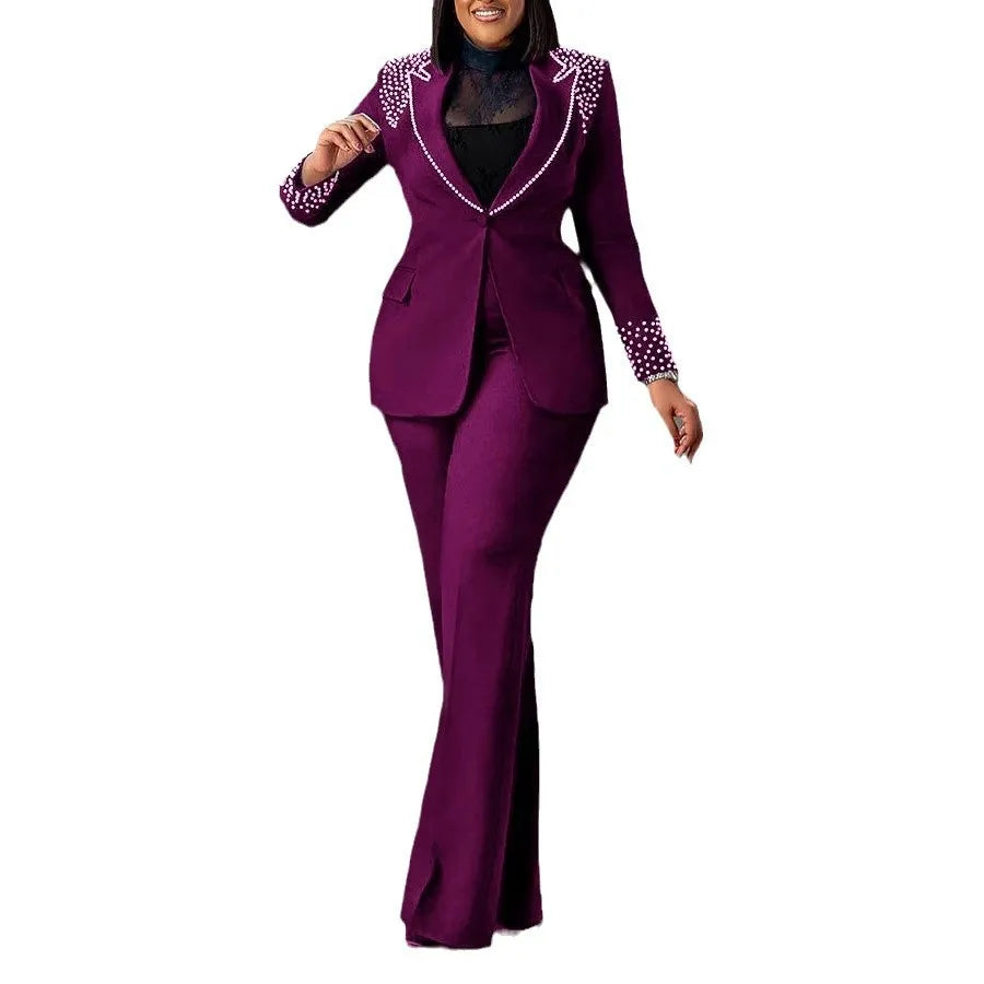 2 Pieces Women's Sets Autumn Winter Long Sleeve Pearl Blazers Suit Tops And Pants Suits Two Piece Set Tracksuit Outfit 2025