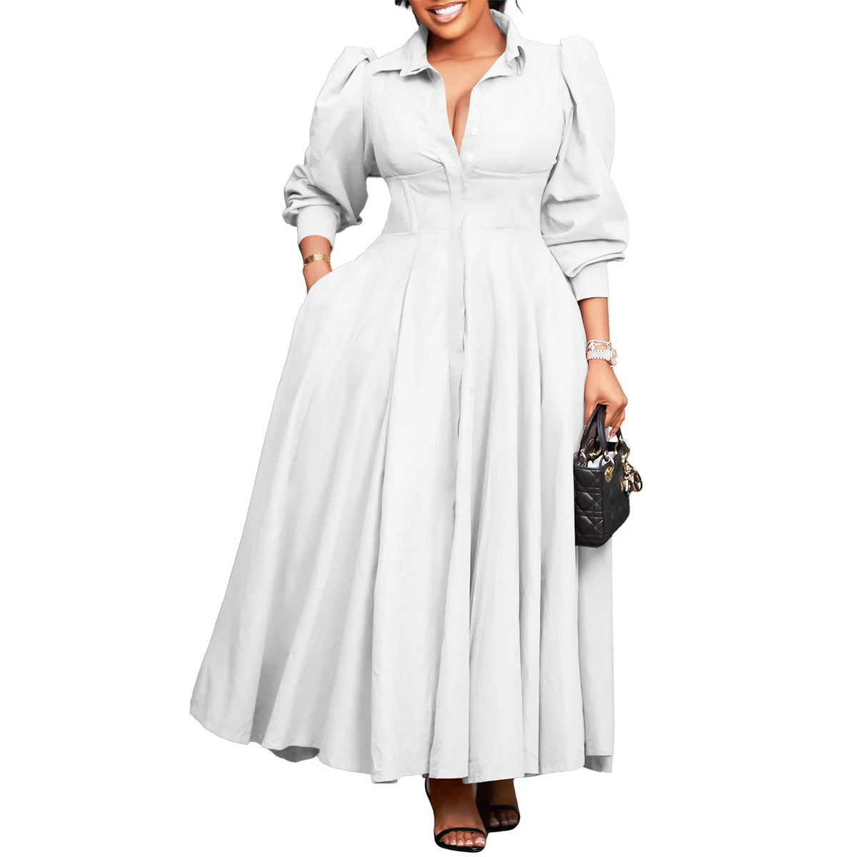 Women Spring Dress Ladies Casual Plus Size Slim Office Dress Retro Elegant V-Neck High Waist White Long Sleeve Party Dress