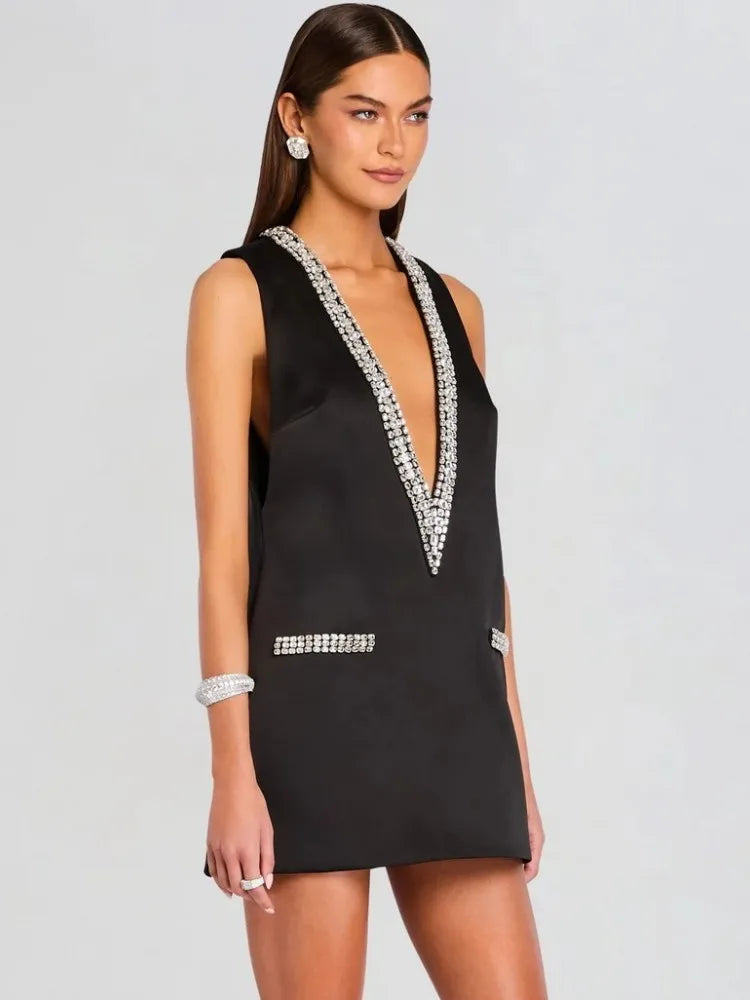 Elegant Women Luxury Formal Rhinestone V-Neck Mini Dress Fashion Sleeveless Evening Ladies Street Party Vestidos Spring Summer