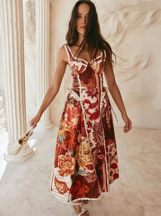 Women Spaghetti Strap Bohemian Beach Style Maxi Dress 2026 Spring Summer Trend Backless Waistband Hem Vacation Party Dresses