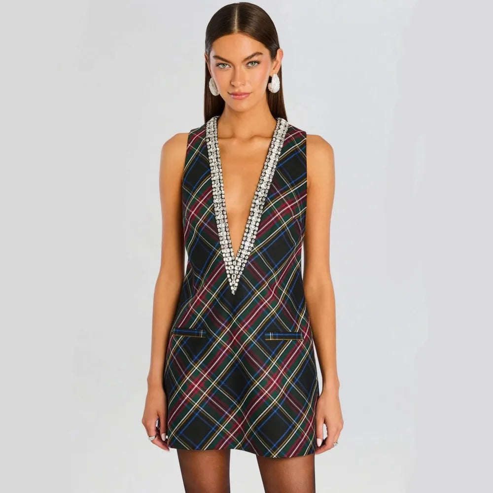 Elegant Women Luxury Formal Rhinestone V-Neck Mini Dress Fashion Sleeveless Evening Ladies Street Party Vestidos Spring Summer