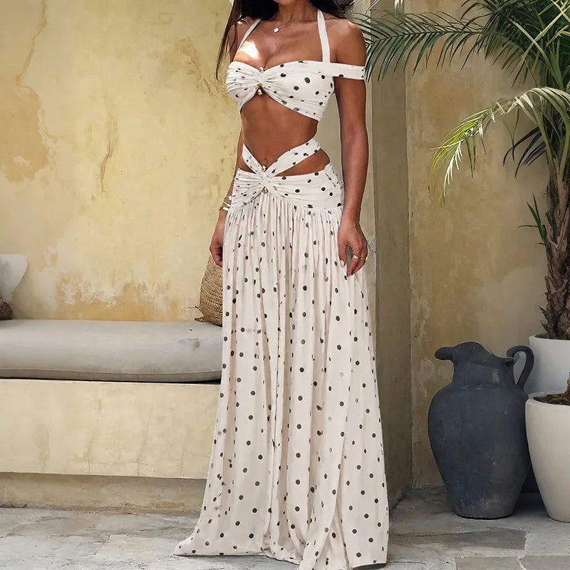Swimwear Cover-up 2 Piece Set Women Crop Tops And Maxi Skirt Bathing Fashion Stripe Hollow Sexy Beach Cover Up Outfits