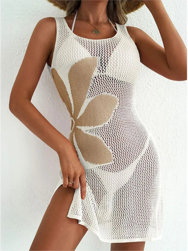 Sexy Women Knit Beach Dress Hollow-Out O-Neck Sleeveless Bikini Cover-Ups Dress Holiday Dress 2026 Summer Swimwear Beach