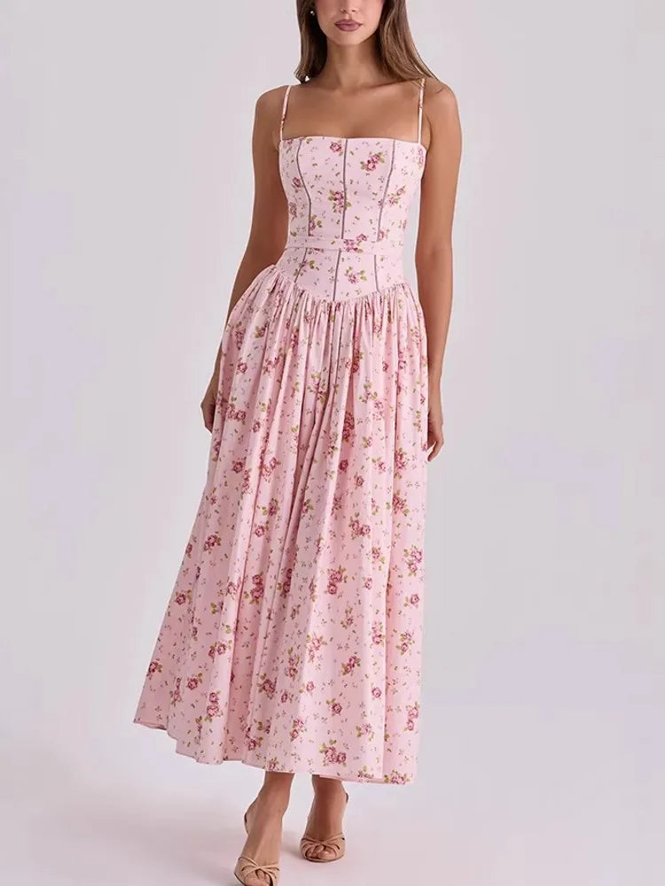 Elegant Women Flower Printing Long Maxi Dress Fashion Spaghetti Strap Dresses Evening Ladies Street Party Vestidos 2026 Summer