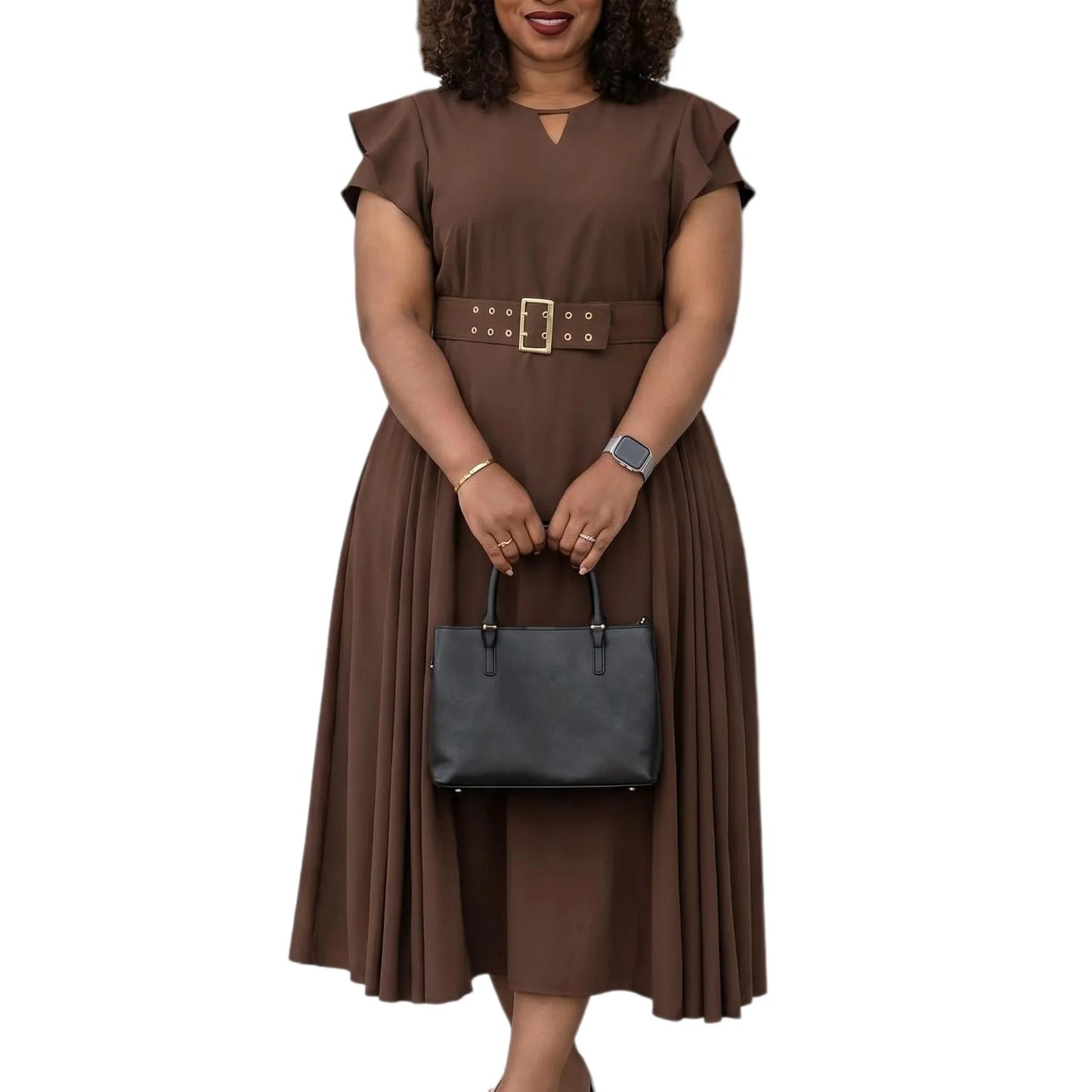 L-3XL Plus Size Elegant Midi Dress 2026 Summer Autumn Women Office Lady Dress Casual Short Sleeve Bandage Robe Oversize Dress