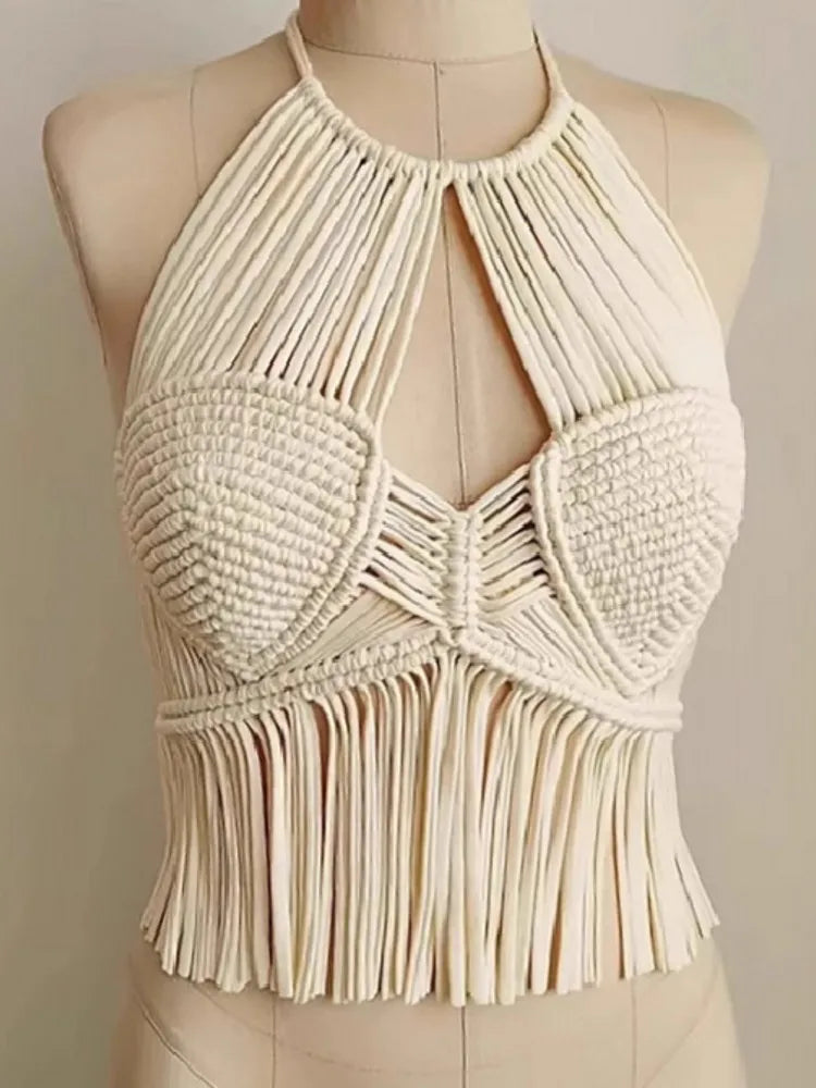 Women's Boho Fringe Backless Halter Tie Neck Underwear Outerwear with Neck Hanging Embroidery Tassel Suspender Vest Short Tank
