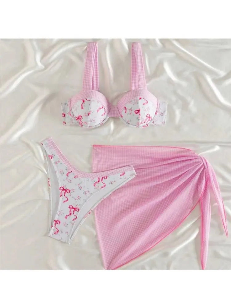 Bikini Bodysuit Swimwear Women With Skirt Bathing Suit Summer New Ruffle Splice Print Beachwear Holiday Bikini Cover Ups Outfits
