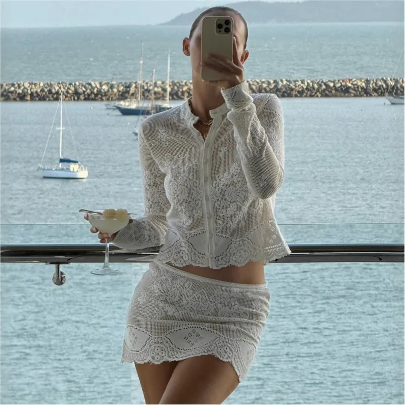 Solid Color Long Sleeve Crochet Knit 2 Pieces Suits Beach Cover Up Cover-ups Beach Shorts Beach Wear Beachwear Female Women