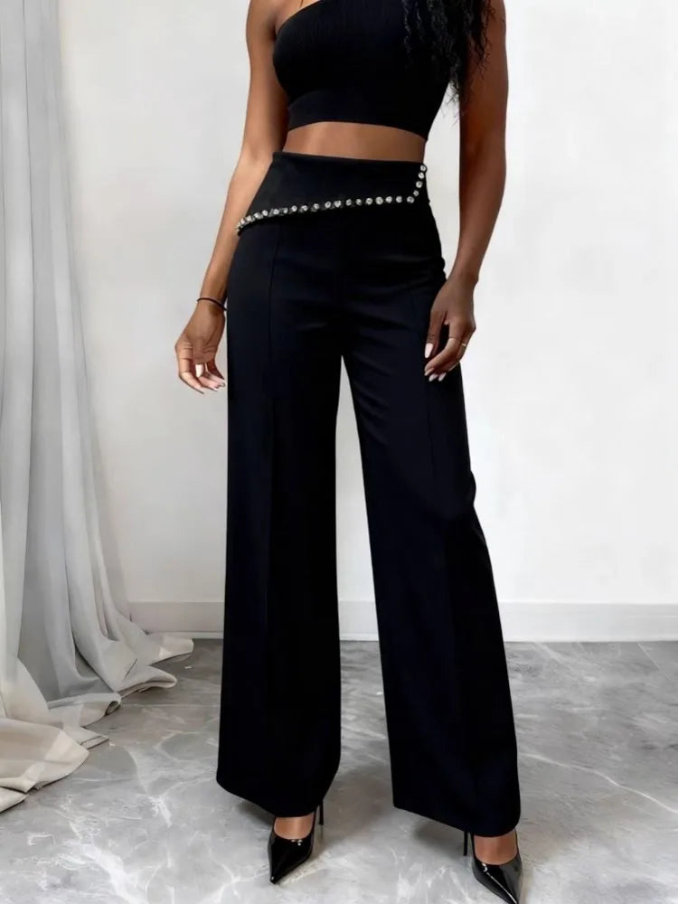 Women High Waist Wide Leg Pants Shiny Fuchsia Straight Pants Long Palazzo Casual Trendy Trousers 2026 Spring Autumn New