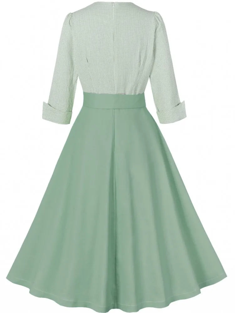 Women Pin Up Lattice Print Casual Party Dress Summer 3/4 Sleeve Retro Robe 60s 50s Vintage Rockabilly Swing Dress Vestidos