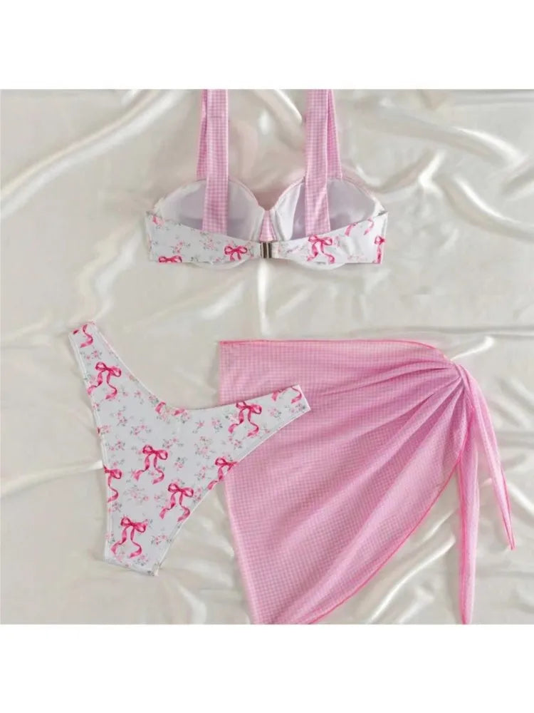 Bikini Bodysuit Swimwear Women With Skirt Bathing Suit Summer New Ruffle Splice Print Beachwear Holiday Bikini Cover Ups Outfits