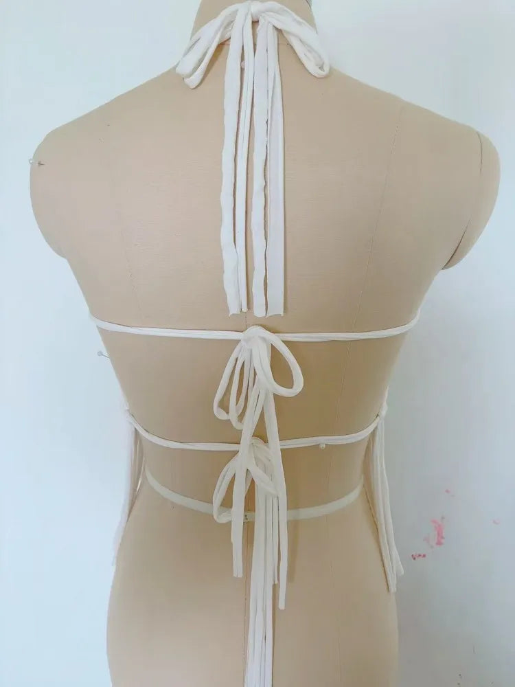 Women's Boho Fringe Backless Halter Tie Neck Underwear Outerwear with Neck Hanging Embroidery Tassel Suspender Vest Short Tank