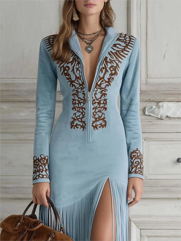 Elegant V-Collar Dress Woman Sexy Embroidered Floral Slim Tassel Dress Vintage Suede Long Sleeve Spring Autumn Dress 2026