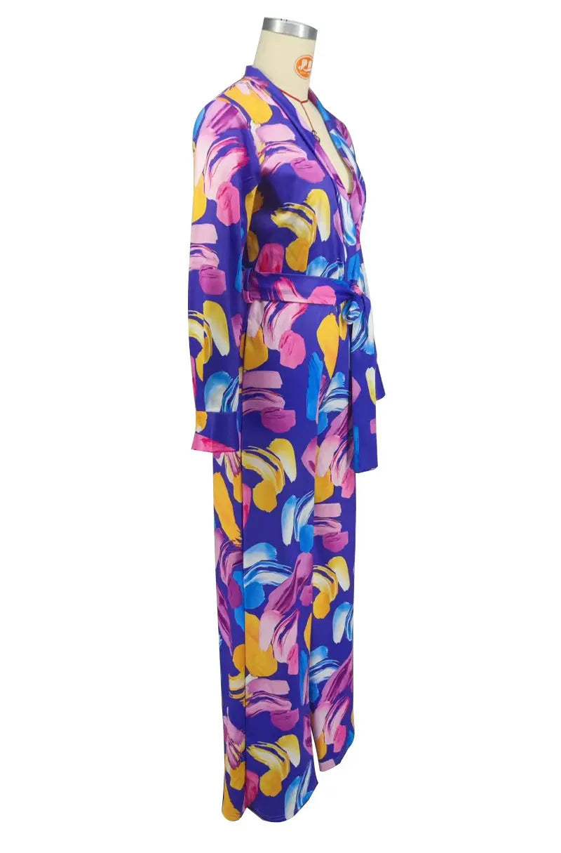 Women Jumpsuits For Autumn Long Sleeve Print Flower Loose Fashion Streetwear Overalls Wide Leg Pants Trousers 2025 Spring